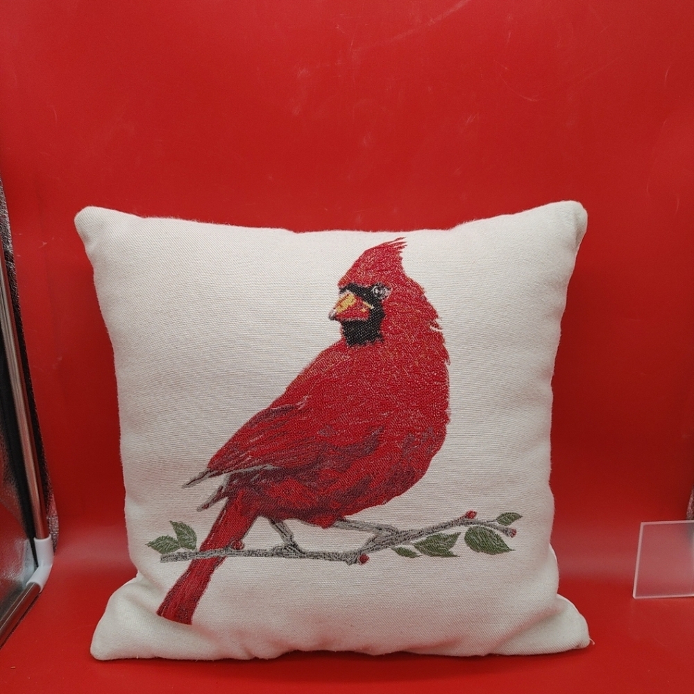 Cardinal Embroidered Accent Pillow - Red on Cream